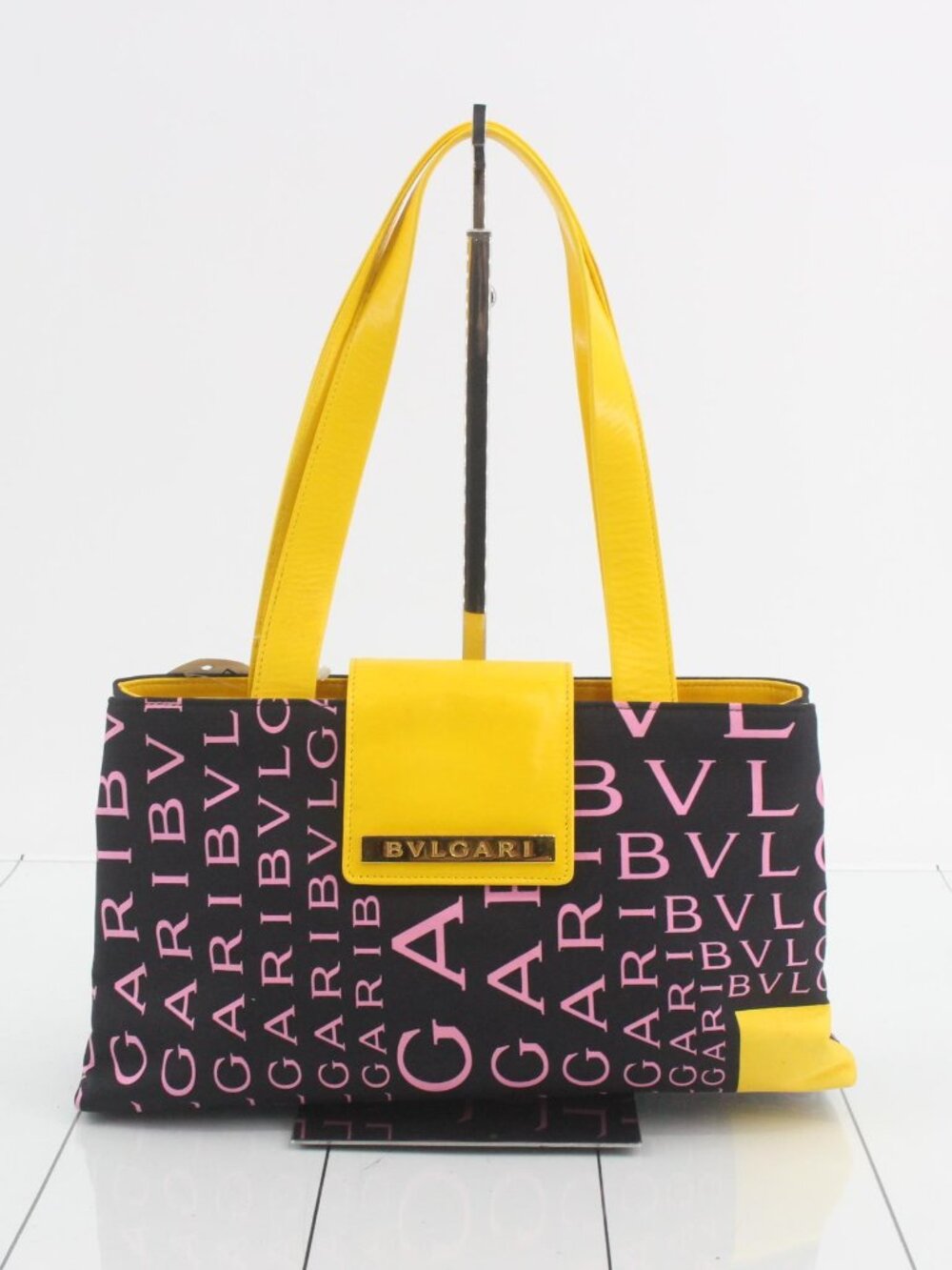 Bulgari Black Canvas Logo Shoulder Bag with Pink Logo and Yellow Trim